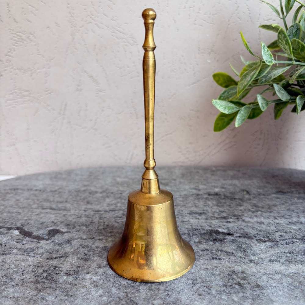 Vintage Solid Brass Hand Bell 6 Inch Tall Gold Tone Dinner School Service Bell